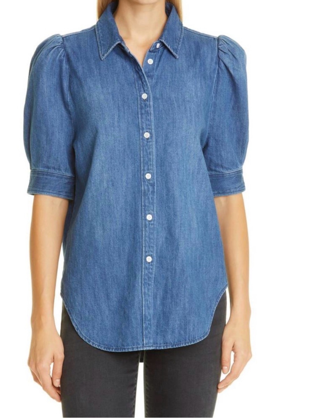 FRAME Button-Up Tunic Womens Blue Denim Puff Sleeve Collared Top Relaxed Fit